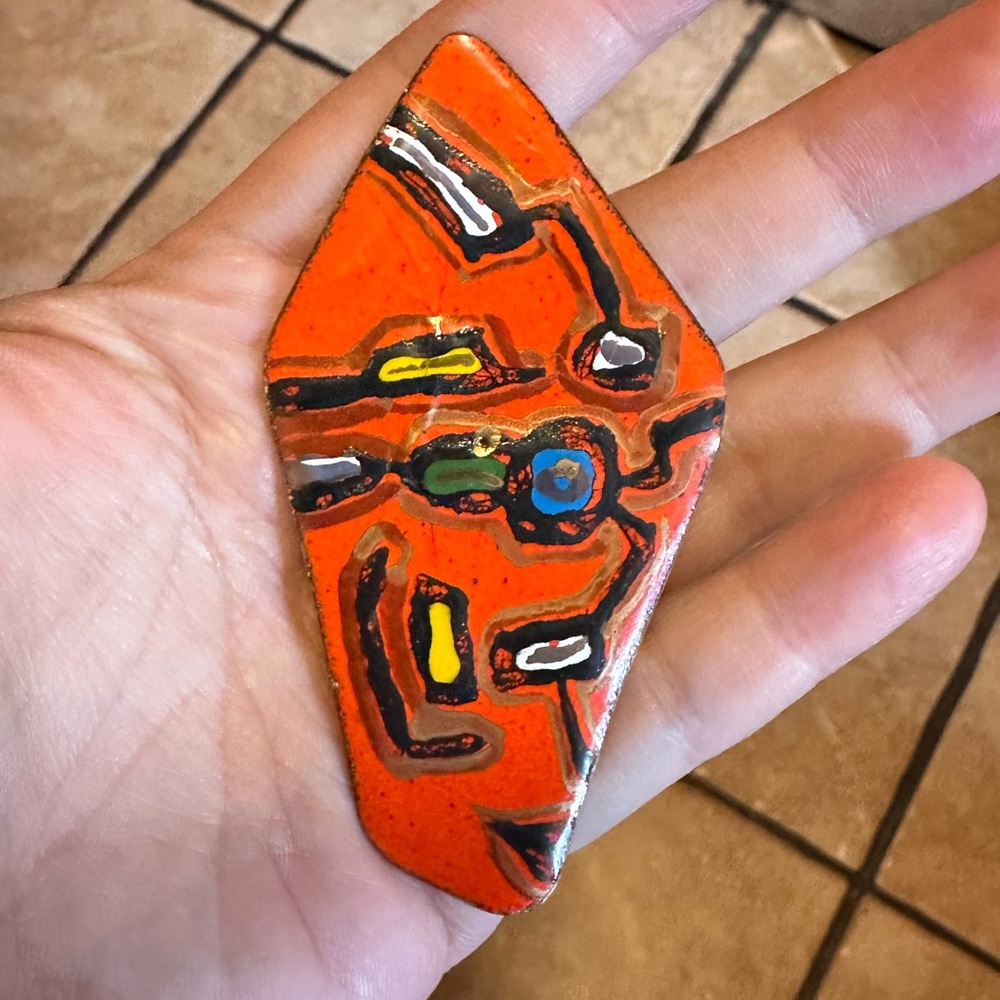 Handcrafted Abstract Orange Poole Pottery Look Brooch